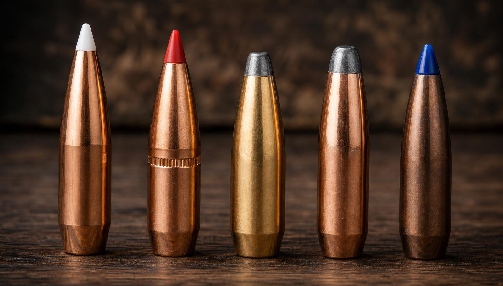 Fem premium jaktkuler stilt opp side ved side: Nosler AccuBond, Hornady SST, Swift A-Frame, Norma Oryx og Federal Trophy Bonded Tip