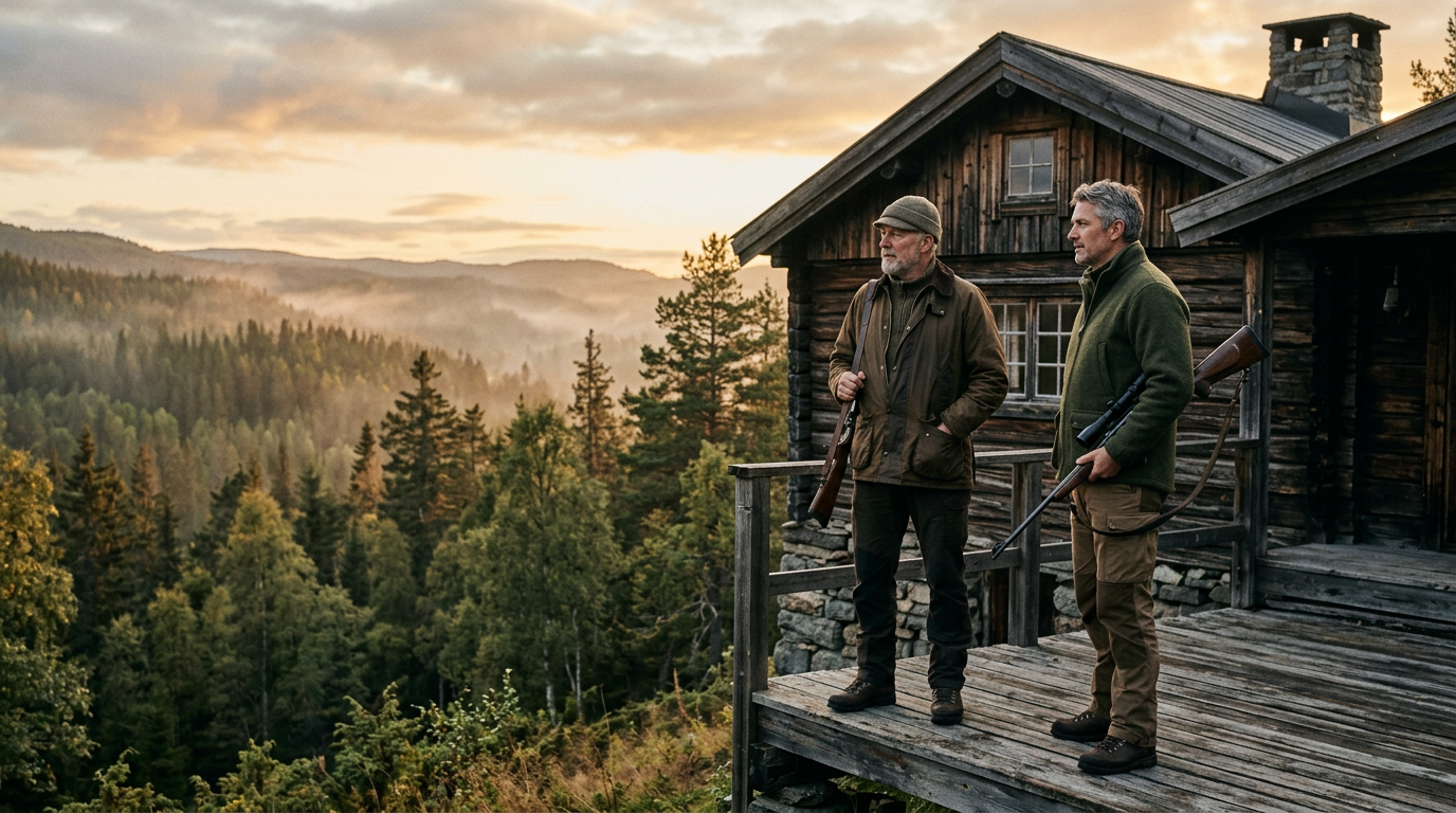 To jegere ved tømmerhytte i skoglandskap ved gylden time