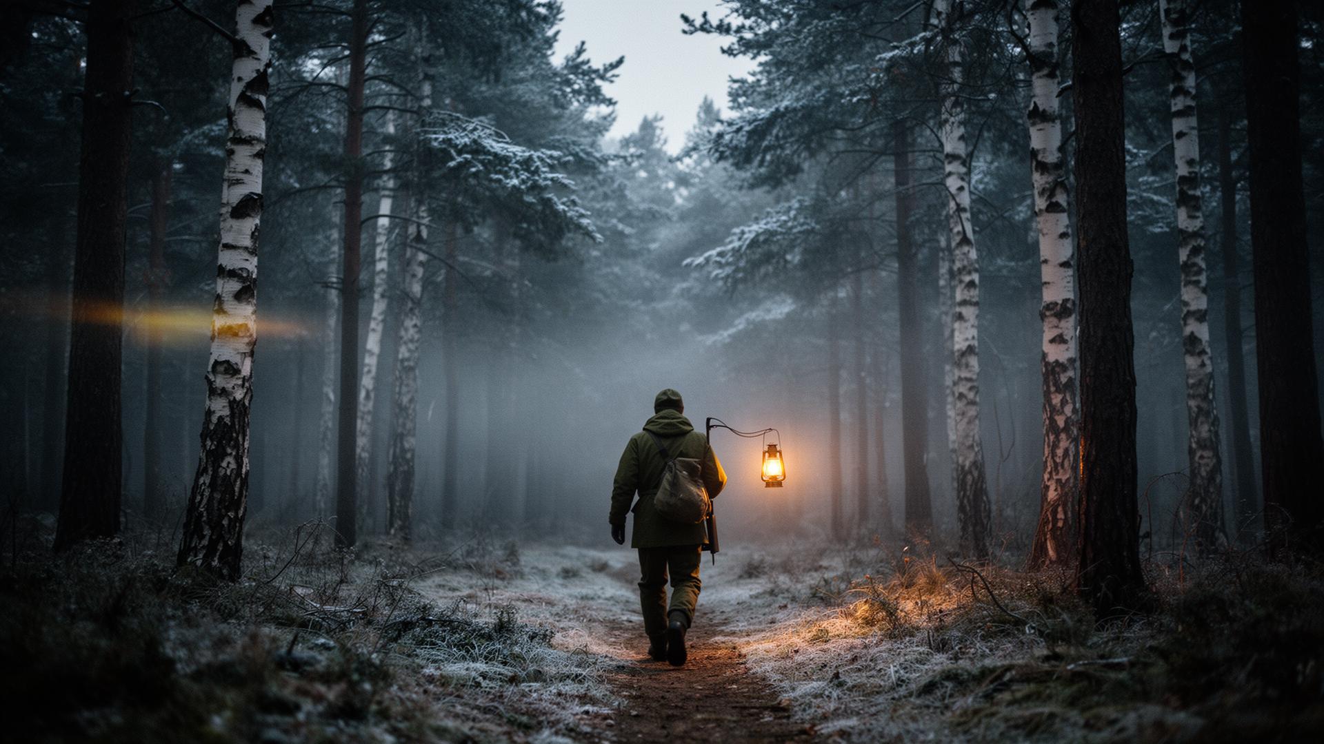 Jeger på frosset sti i polsk vinterskog ved blåtimen
