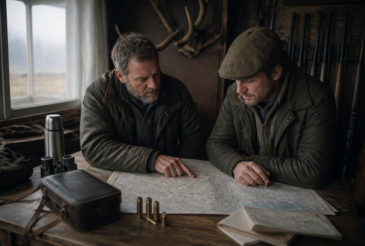 Hunter and Scandinavian guide planning a hunt over maps in a historic lodge by the fireplace